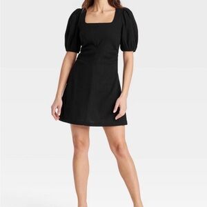 Elegant plus size  Black Puff Sleeve linen Dress
